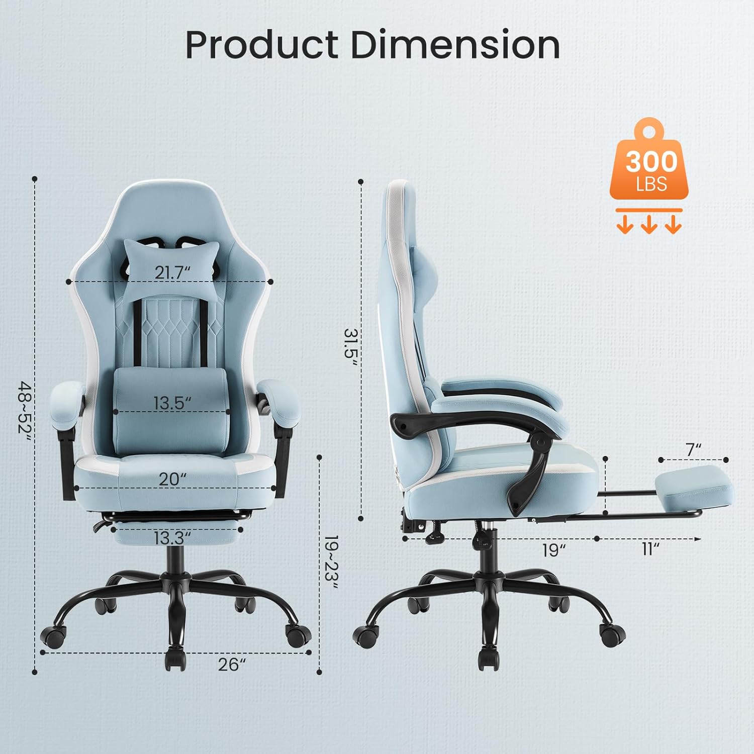 Sweetcrispy Video Game Chair: High Back Ergonomic Computer Desk Chair with Footrest & Lumbar Support, Height Adjustable with Linkage Armrests and Headrest, 360° Swivel Wheels, Blue