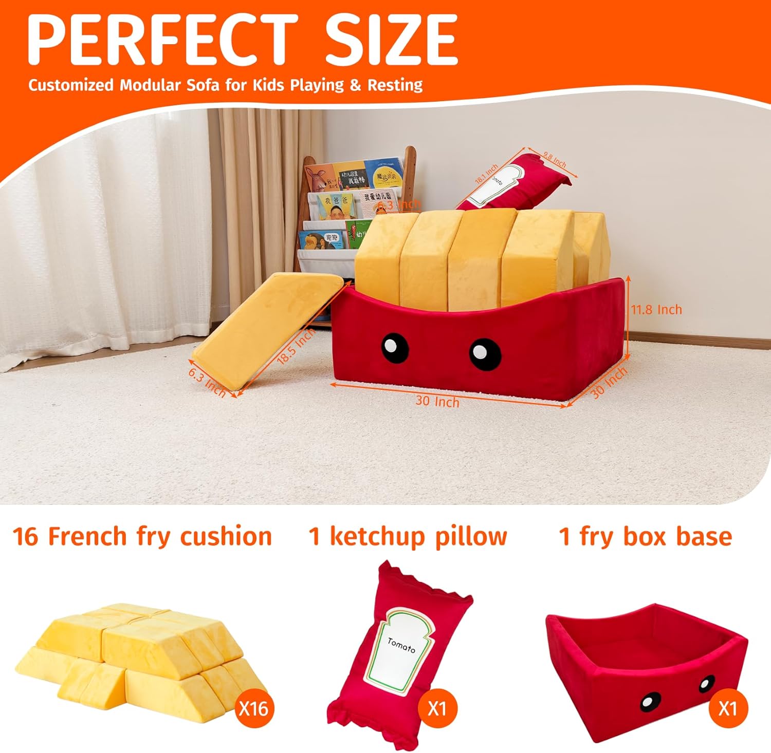BABAMU Modular Kids Play Couch, Fries Box Design Child Sectional Sofa, Fort-Play Bedroom & Playroom Furniture for Toddlers, Convertible Foam, Washable Covers