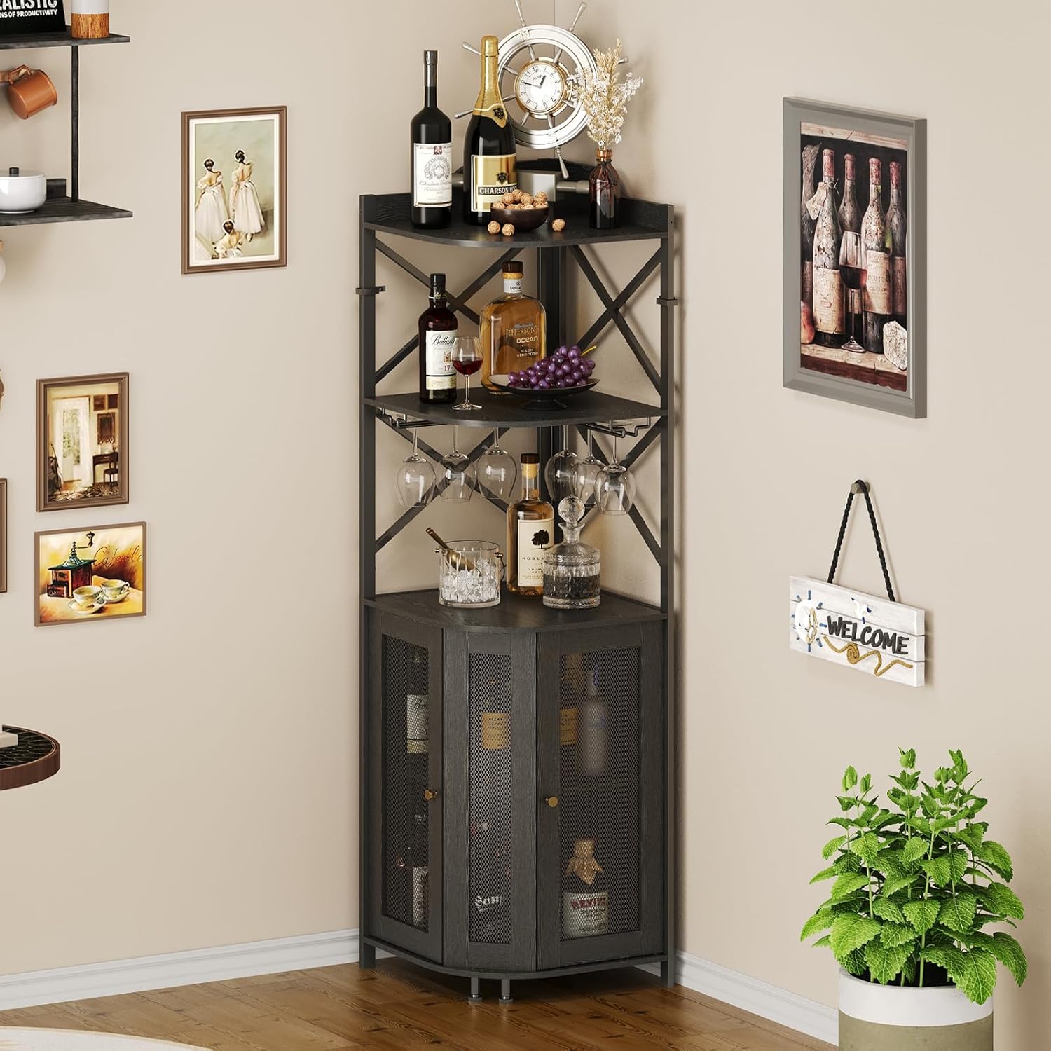 JKsmart Corner Bar Cabinet with LED Lights, 5-Tier Industrial Wine Bar Cabinet with Glass Holder, Farmhouse Liquor Cabinets with Shelf and Door, Home Bar for Coffee Bars, Black