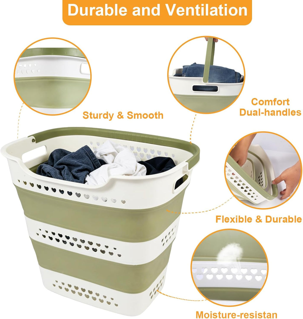 2 Pcs 42L/11.2 Gal Collapsible Laundry Basket - Foldable Plastic Pop Up Hamper with Handles, Space-Saving Storage Organizer for Wet & Dry Clothes, Ideal for Home, Dorm and Apartment Use Green