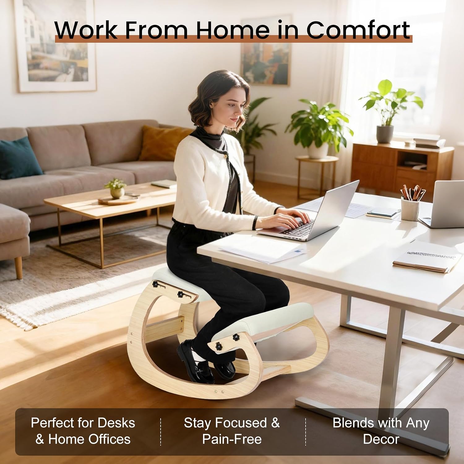 Ergonomic Kneeling Chair - Adjustable Seat, Smooth Rocking Base for Active Posture, Relieves Back & Spine Pressure for Office &Home Sturdy Kneeling Desk Chair Holds 300 lbs, Durable & Stable