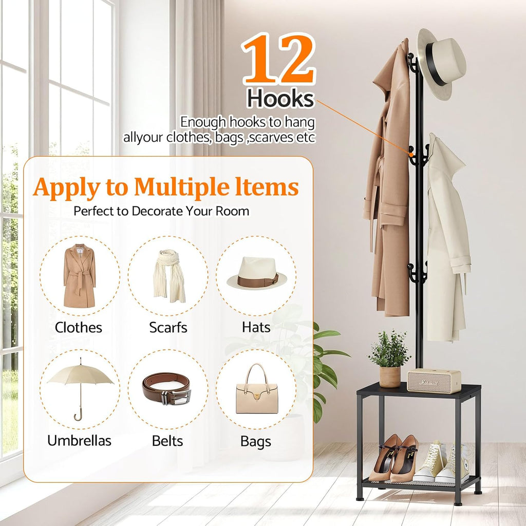 Hall Tree with Bench and Shoe Storage, Coat Rack Freestanding Coat Rack Shoe Bench, Corner Coat Hanger Stand Standing Hat Rack, Tree Stand Purse Rack Tree Black Coat Racks with Shelf