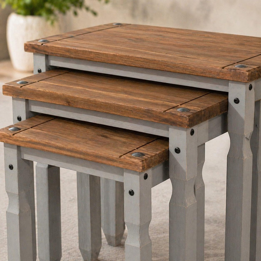 OSHOME 3-Piece Farmhouse Nesting Side Table Set – Solid Pine Wood End Tables in Corona Gray with Rustic Wood Top