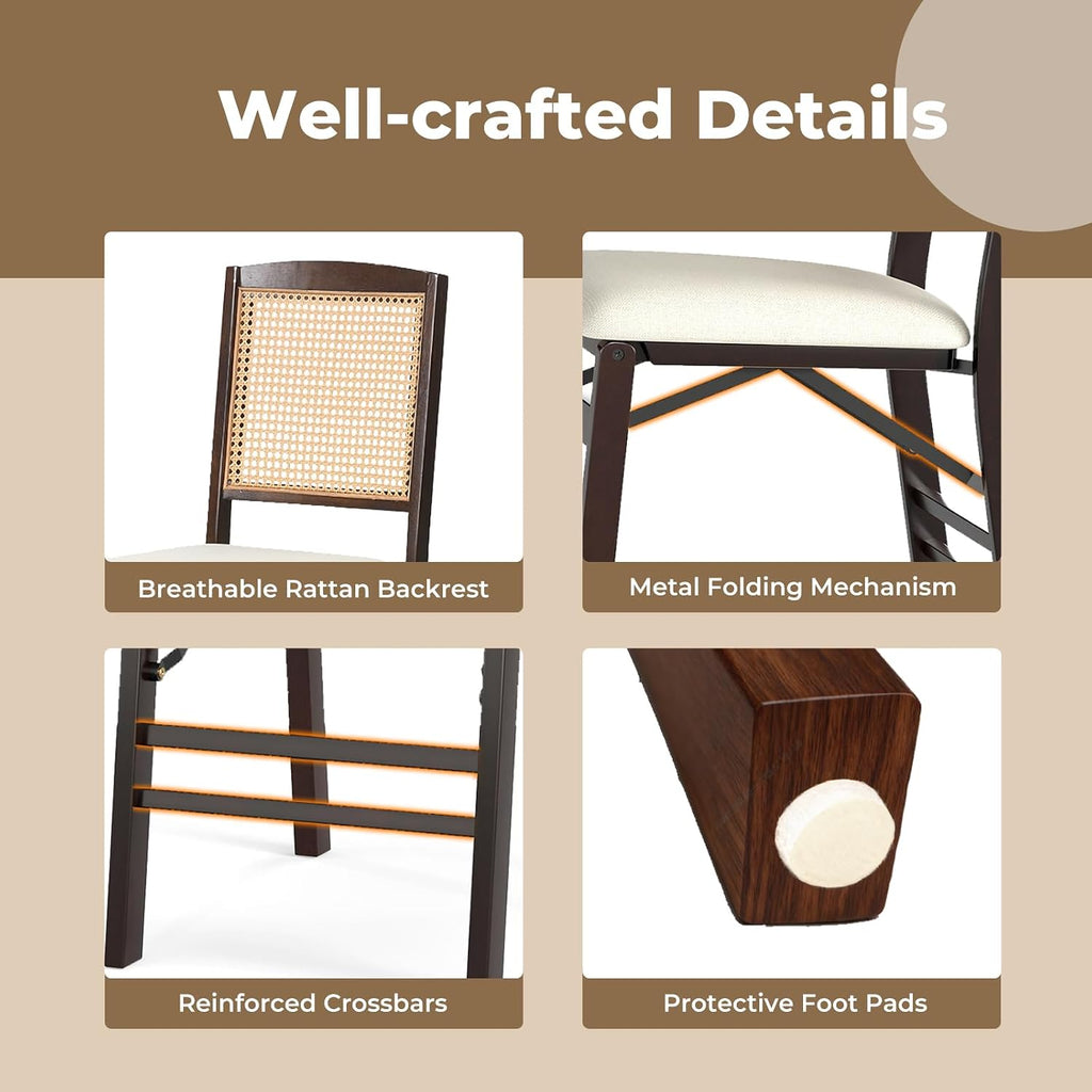 HAPPYGRILL Folding Dining Chairs Set of 2, Wood Kitchen Chair with Rattan Backrest & Padded Seat, Foldable Armless Side Chairs Set for Dining Room, Living Room, No Assembly (2, Espresso & Beige)