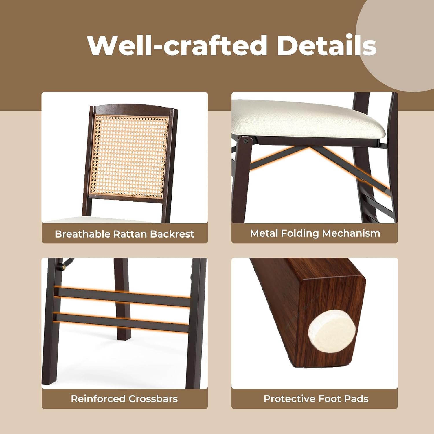 HAPPYGRILL Folding Dining Chairs Set of 2, Wood Kitchen Chair with Rattan Backrest & Padded Seat, Foldable Armless Side Chairs Set for Dining Room, Living Room, No Assembly (2, Espresso & Beige)