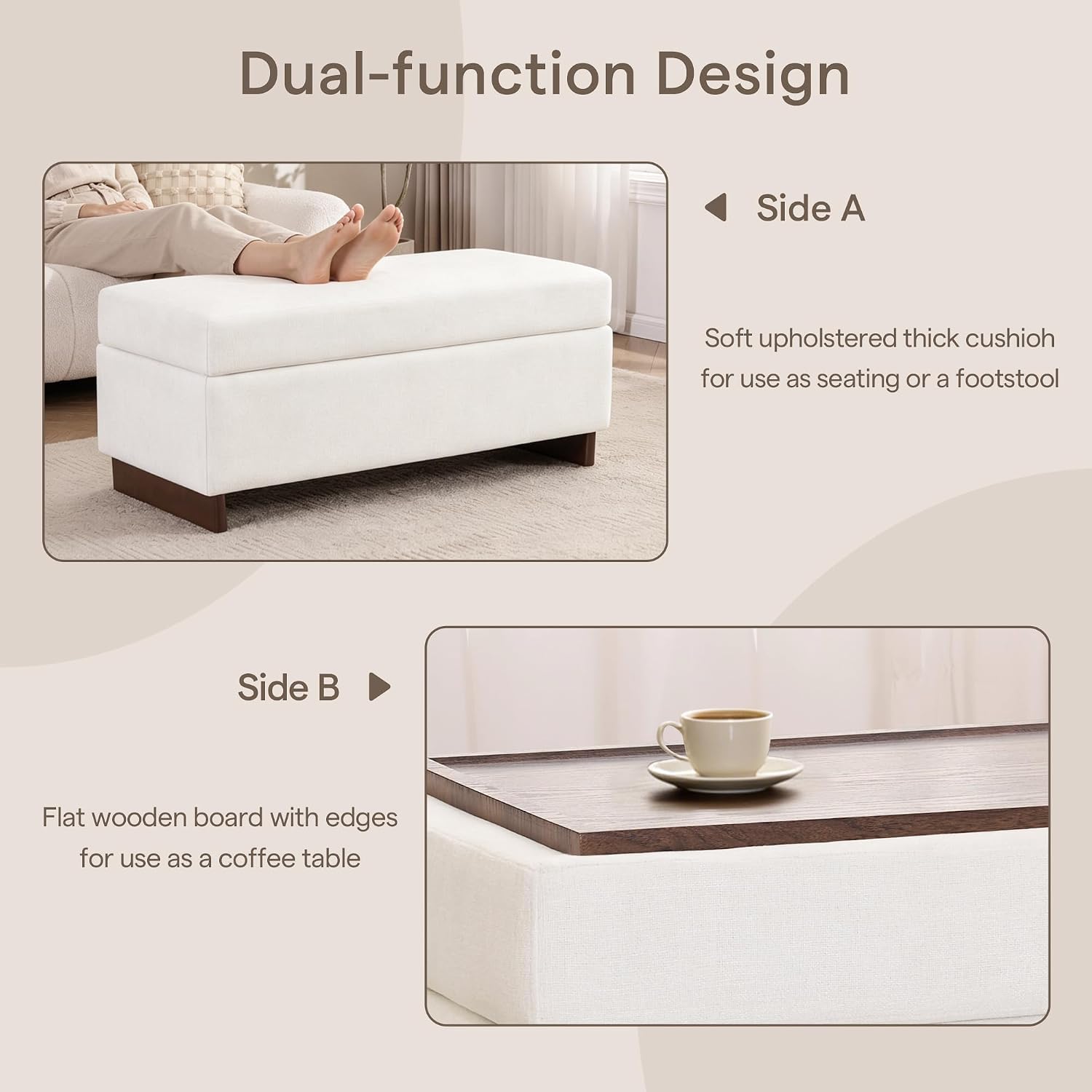 46 Inch Storage Ottoman Coffee Table, Large Upholstered Ottoman Bench with Storage, Wooden Tray and Legs for Living Room,Bedroom,End of Bed,Entryway,Beige