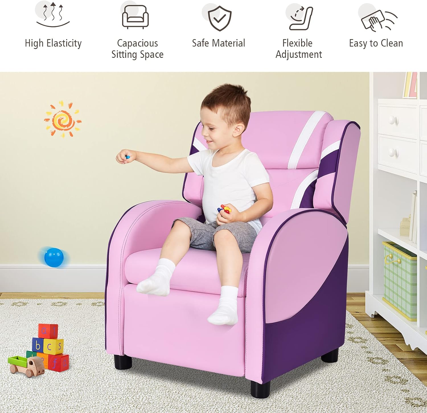 MAT EXPERT Kids Recliner Sofa, Gaming Chair w/Footrest, Arms & Side Pocket Storage, Adjustable Leather Kids Couch Lazy Boy Armchair Reading Chair, Toddler Lounge Chair for Boys Girls Age 3+ (Pink)
