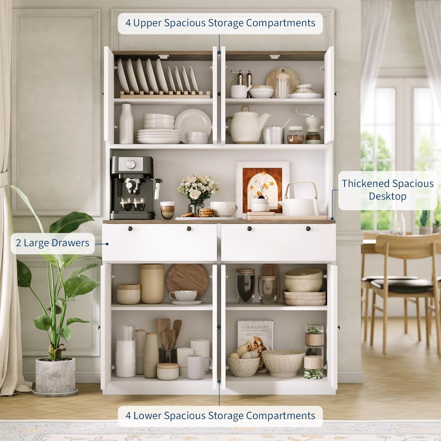 Hetoy 71" Tall Pantry Storage Cabinet with Charging Station and Microwave Countertop - Modern Wood Food Pantry Cabinet with Drawers for Kitchen and Dining Room