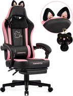 Gaming Chair with Footrest, Comfy Girly Video Game Chairs with Cat Ears Pocket Spring Cushion Massage Lumbar Support & Headrest, Ringing Accessories Cute Leather Ergonomic Computer Chair, Black/Pink