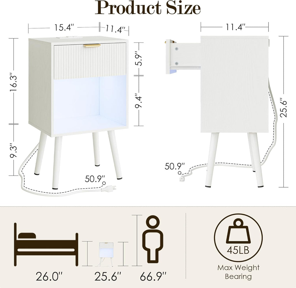 White Fluted Nightstand with Charging Station, Modern Bedside Table with Storage Drawer, Wood Night Stand Side End Table for Bedroom, Living Room, Office