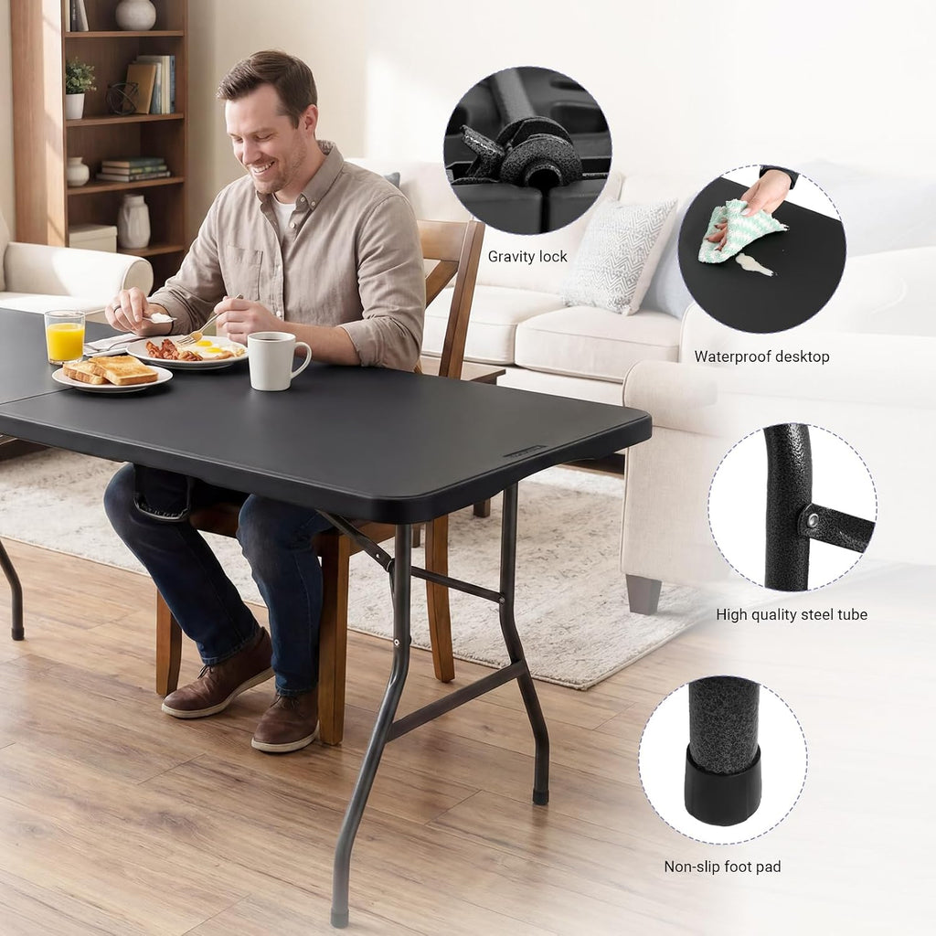 6ft Folding Table, Portable Heavy Duty Plastic Table for Party, Black | Fold-in-half Design with Carry Handle,Easy Setup,Compact Storage. Supports 330 lbs for Indoor & Outdoor use,Camping, Picnic
