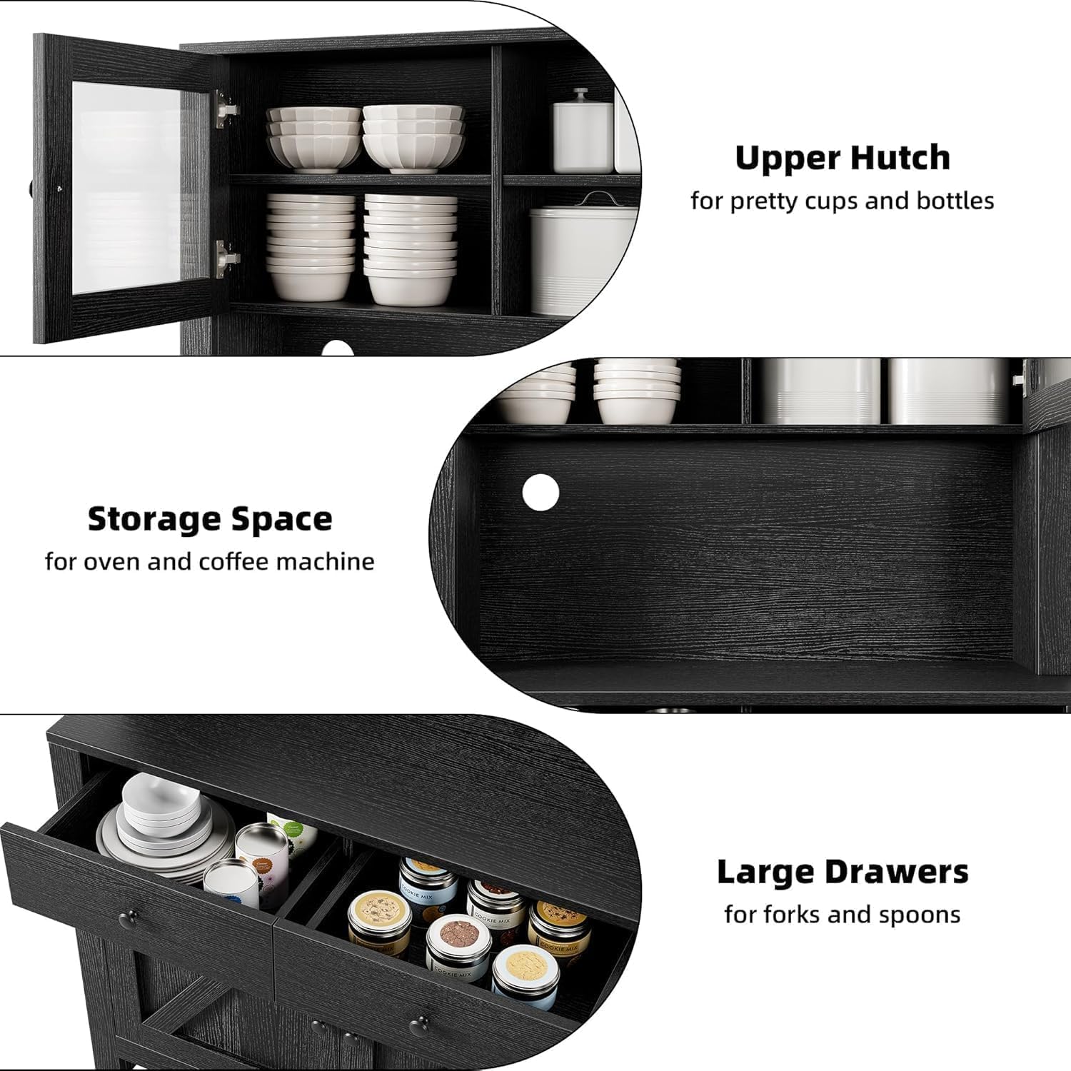 Kitchen Storage Cabinet, Pantry Cabinet with Microwave Stand & Coffee Bar, Freestanding Storage Hutch with 4 Doors & Adjustable Shelves, Multi-Functional Organizer for Kitchen, Dining Room, Black