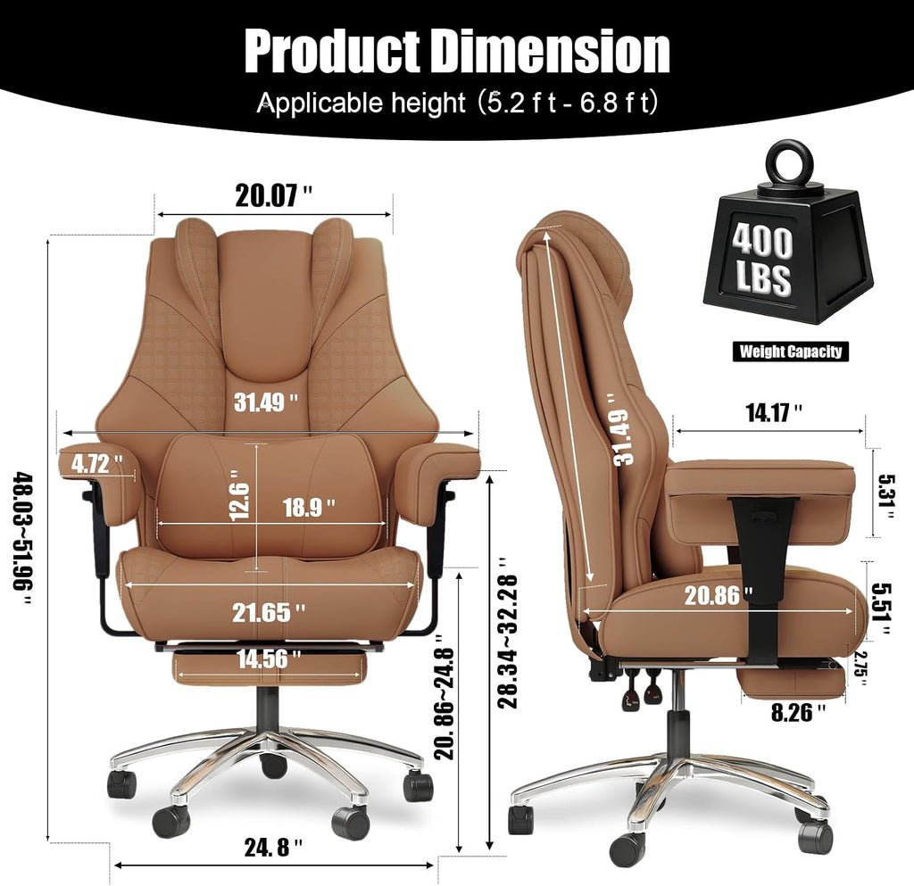 400lbs Big and Tall Office Chair, Wide Ergonomic Leather Executive Chair for Heavy People with Foot Rest, High-Back Reclining Computer Chair with Swivel Wheels and Lumbar Support (Brown)