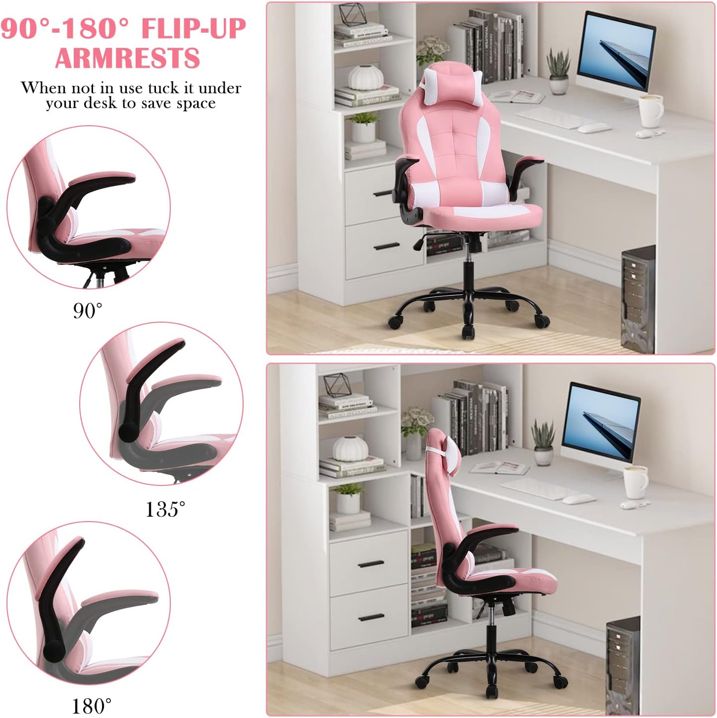 PC Gaming Chair Ergonomic Office Chair, High Back Computer Chair with Lumbar Support& Headrest, Adjustable PU Leather Desk Chair Racing Task Rolling Swivel Executive Chair for Women, Pink