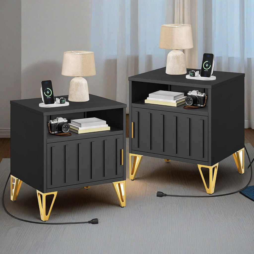 DWVO Nightstand with Charging Station, Metal Night Stand Set 2, Small Bedside End Tables, Modern Side Tables, Night Stand, Set of 2, Black