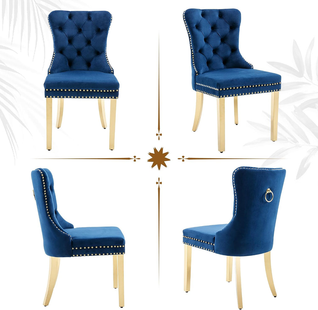 civama Dining Room Chairs Set of 4, Velvet Nikki Collection Dining Chair Upholstered Modern Tufted Kitchen Chair with Nailhead Back Pull Ring Golden Steel Legs, Blue