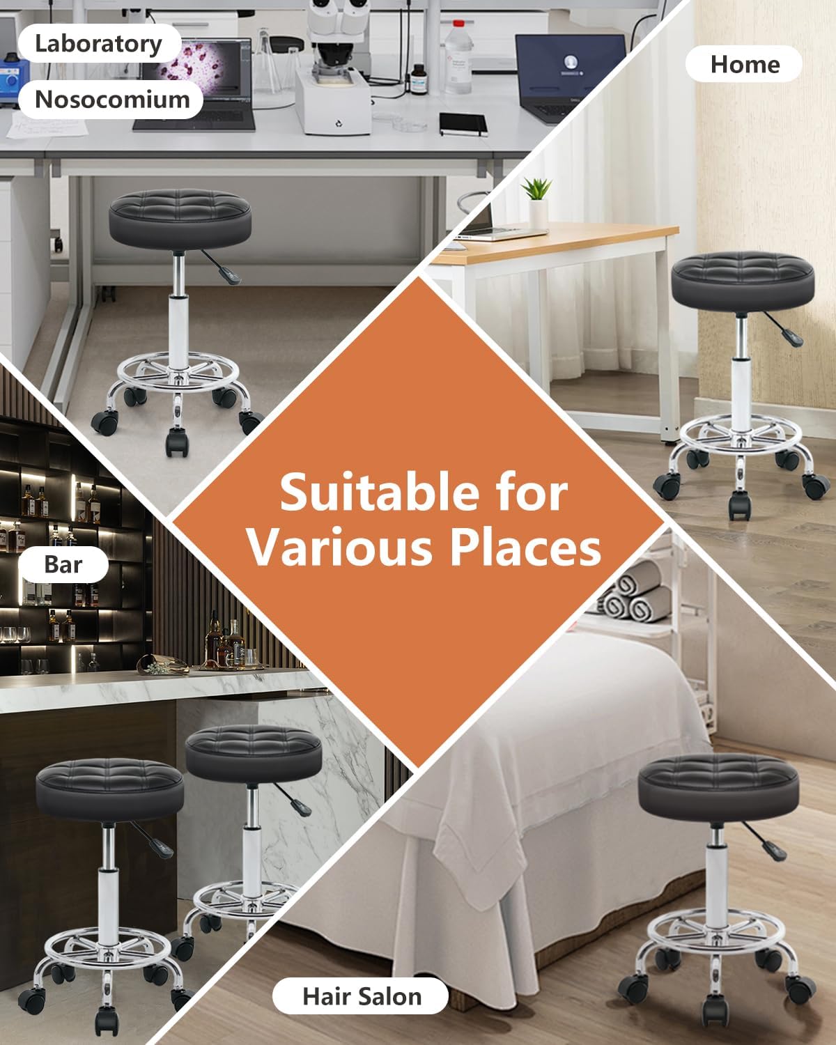Rolling Stool with Wheels - Swivel Small Office Chair with Footrest, PU Leather Shop Stool for Office Spa Studio Lab Counter Salon Home Work Bar Kitchen Shop Teach Medical Facial, Black