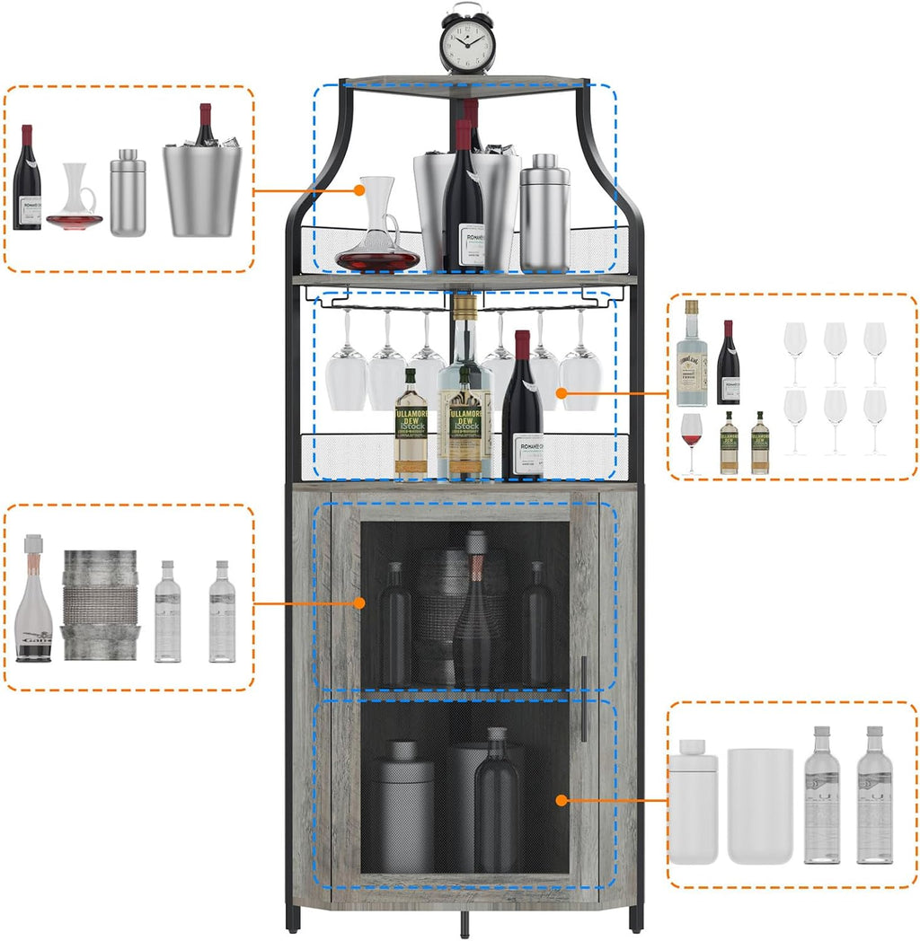 IDEALHOUSE 61'' Tall Corner Wine Bar Cabinet with Adjustable Shelves, 5-Tier Industrial Bar Cabinet with Glass Holder, Home Bar with Mesh Door for Liquor and Glasses, Grey