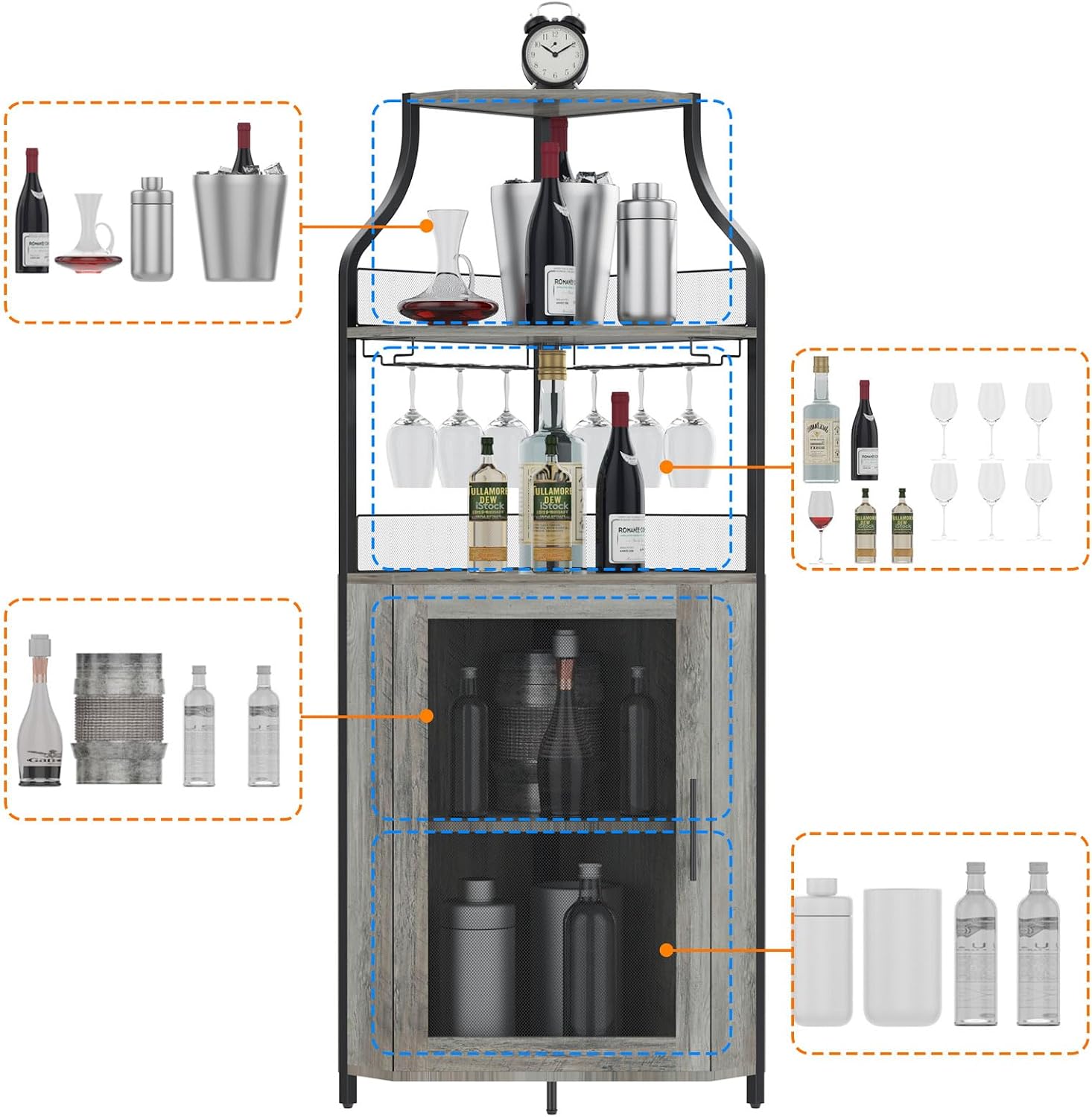 IDEALHOUSE 61'' Tall Corner Wine Bar Cabinet with Adjustable Shelves, 5-Tier Industrial Bar Cabinet with Glass Holder, Home Bar with Mesh Door for Liquor and Glasses, Grey