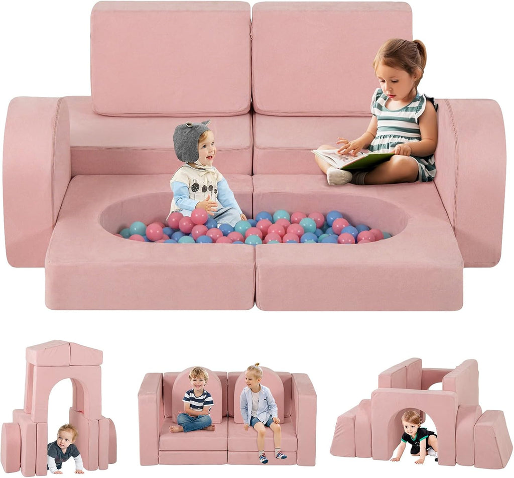 INFANS Modular Kids Play Couch, 8 PCS Toddler Creative Sectional Fort Building Sofa for Playroom, Bedroom, Children Convertible Versatile Soft Foam Furniture Playset Crawling Floor Cushion