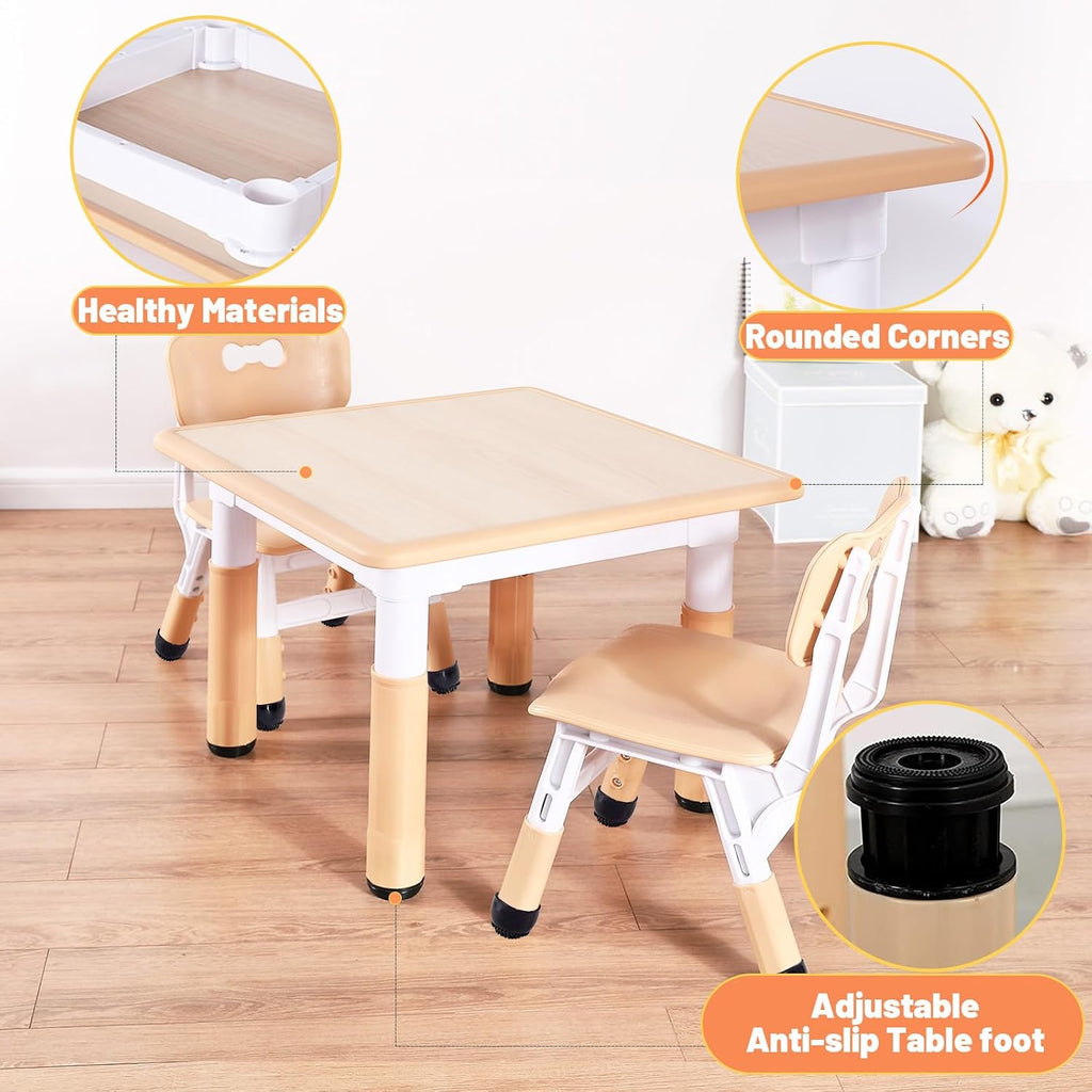 FUNLIO Adjustable Kids Table, 3-Level Height for Ages 3-8, Easy to Wipe Arts & Crafts Toddler Table for Classrooms/Daycares/Homes, CPC & CE Approved, 23.6 x 23.6 Inches, Natural