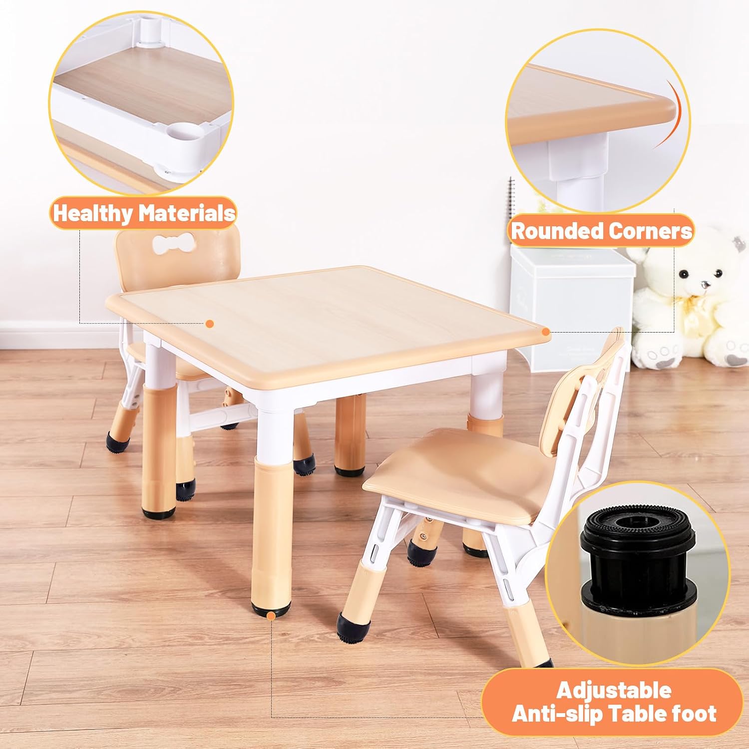 FUNLIO Adjustable Kids Table, 3-Level Height for Ages 3-8, Easy to Wipe Arts & Crafts Toddler Table for Classrooms/Daycares/Homes, CPC & CE Approved, 23.6 x 23.6 Inches, Natural