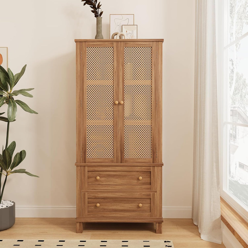 64" Tall Pantry Cabinet, Rattan Doors, 2 Drawers, Adjustable Shelves, Anti-Tip Design, Hard Wood, Walnut Finish for Kitchen, Dining, Living Room