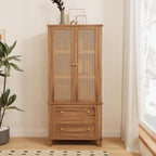 64" Tall Pantry Cabinet, Rattan Doors, 2 Drawers, Adjustable Shelves, Anti-Tip Design, Hard Wood, Walnut Finish for Kitchen, Dining, Living Room