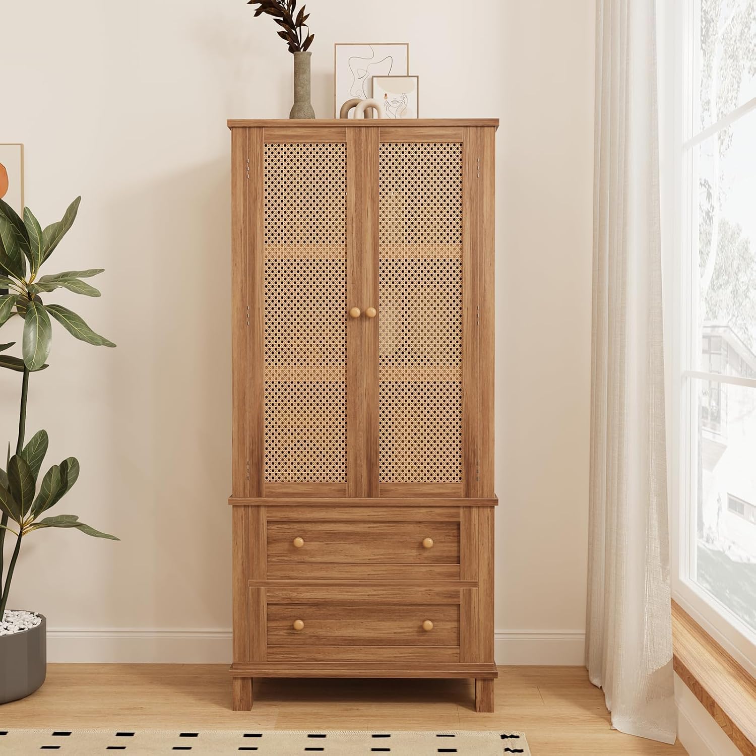 64" Tall Pantry Cabinet, Rattan Doors, 2 Drawers, Adjustable Shelves, Anti-Tip Design, Hard Wood, Walnut Finish for Kitchen, Dining, Living Room