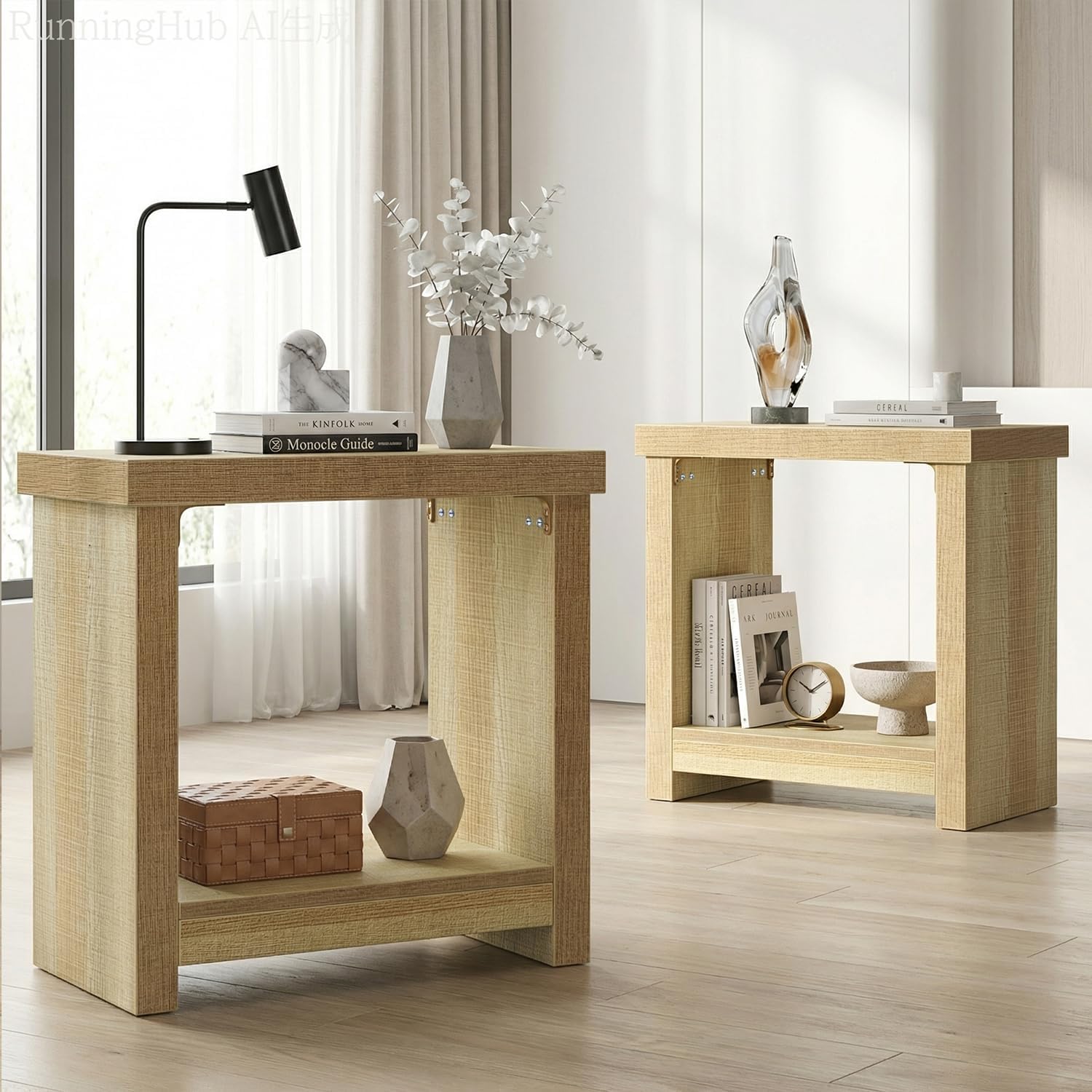 knoworld Nightstands Set of 2, End Tables Set for Bedroom, Narrow Side Tables with Shelves, Square End Table for Living Room, Slim Rectangle Accent Table, Farmhouse Bedside Table, Natural