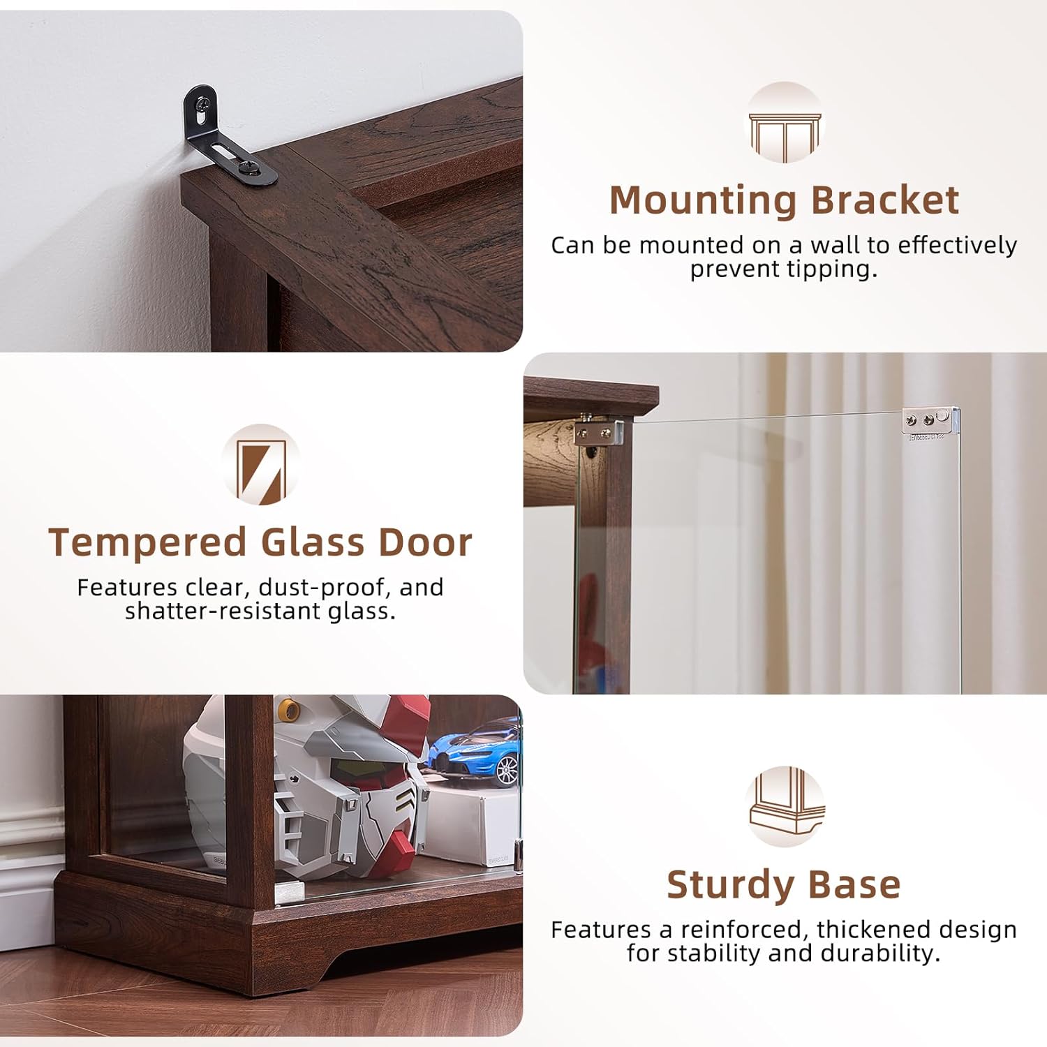 LELELINKY Farmhouse Glass Display Cabinet with Doors, Wooden Curio Cabinet for Collectibles with 3-Color LED Motion-Sensor Light & Reinforced Base, Walnut