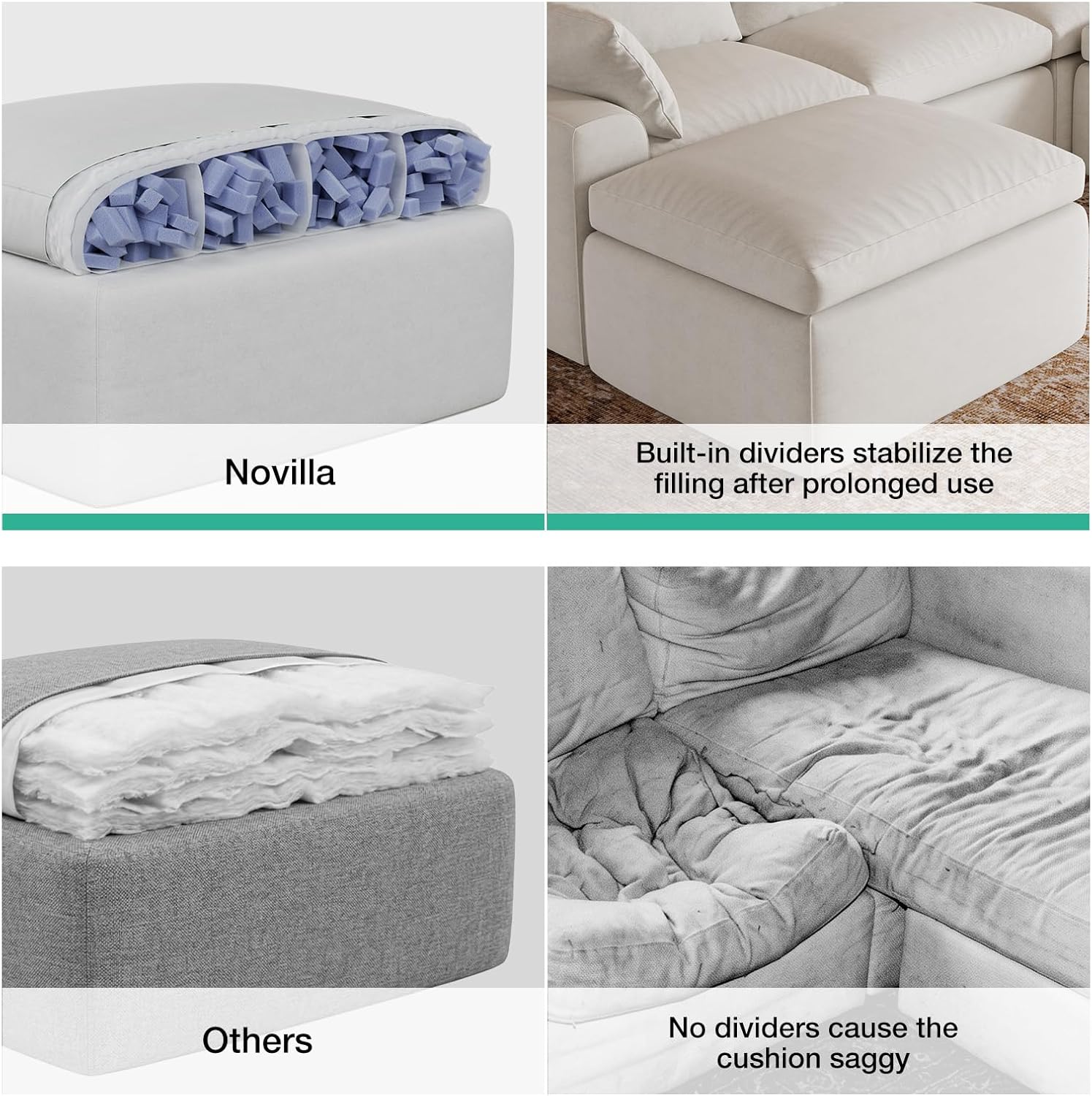 Novilla 104.3" Modular Cloud Couch, Modern Sectional Sofa with Smarts Coil® Support, Chenille Fabric, Upholstered Couch for Living Room Apartments Bedroom, No Assembly, 3 Seater + 1 Ottoman, White