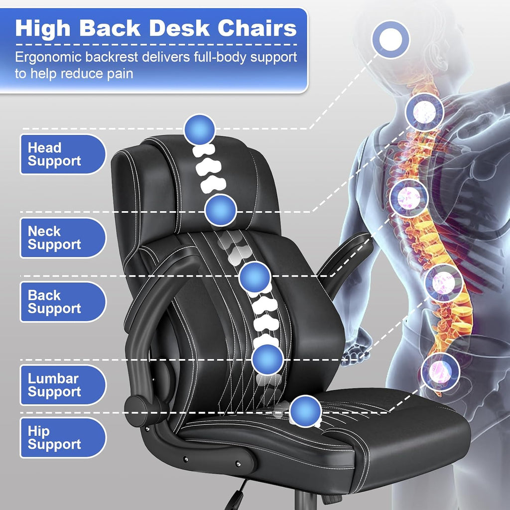Executive Office Chair with Lumbar Support, High-Back Leather Ergonomic Computer Desk Chair with Flip-Up Arms, Height Adjustable and 360° Swivel, Rocking Function, for Home and Office, Black