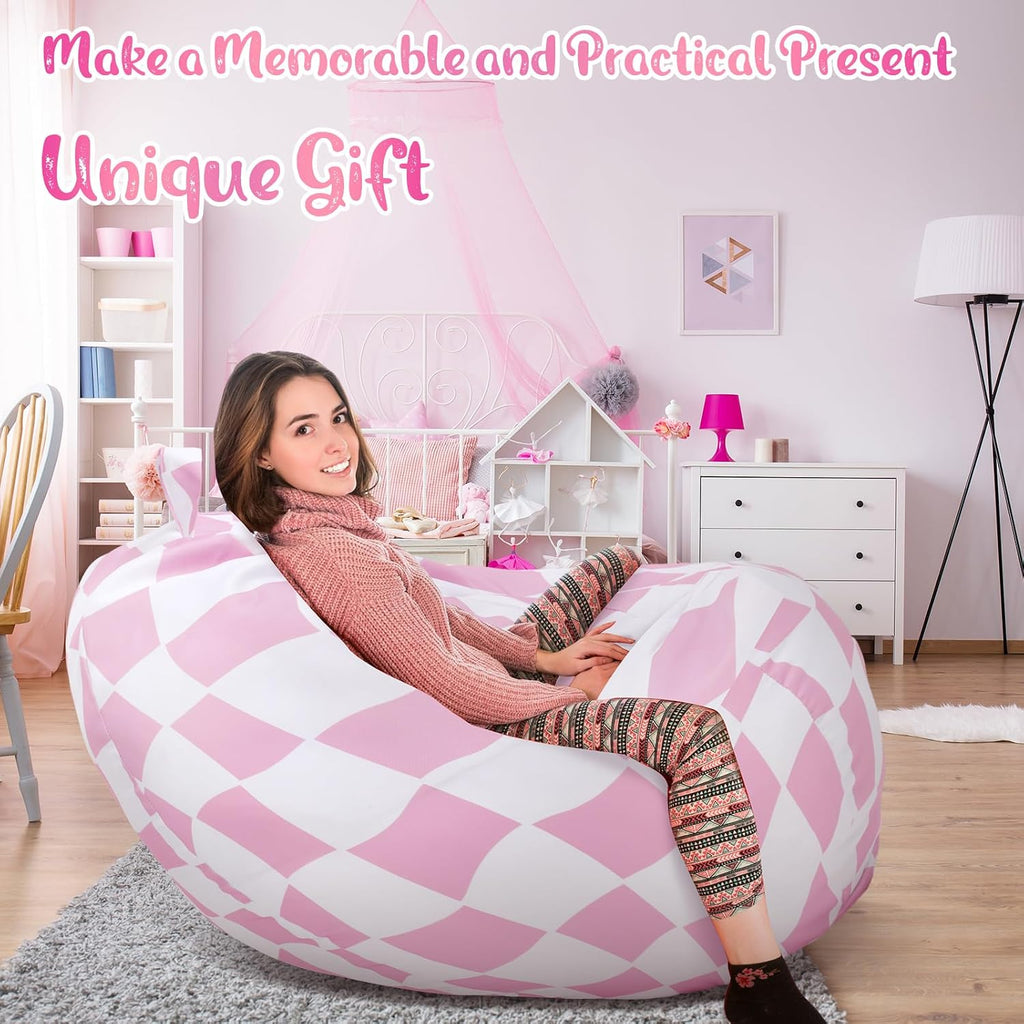VitalCozy Bean Bag Chair for Teens (No Filler) Stuffed Animal Storage Bean Bag Chair Cover Polyester Stuffable for Kids Plush Toys Clothes Home Supplies(Pink Plaid)