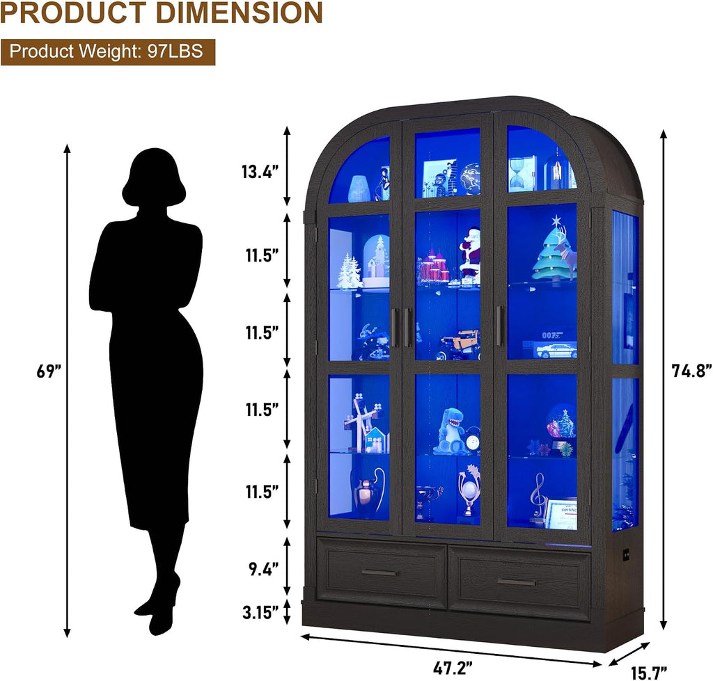 Arched Display Cabinet with 3 Glass Doors,5-Tier Curio Cabinet W/3 Color Lights for Collectibles,78'' Tall Curio Cabinet W/2 Drawers,Modern Display Case W/Human Body Sensor Light for Living/Game Room