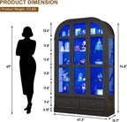 Arched Display Cabinet with 3 Glass Doors,5-Tier Curio Cabinet W/3 Color Lights for Collectibles,78'' Tall Curio Cabinet W/2 Drawers,Modern Display Case W/Human Body Sensor Light for Living/Game Room