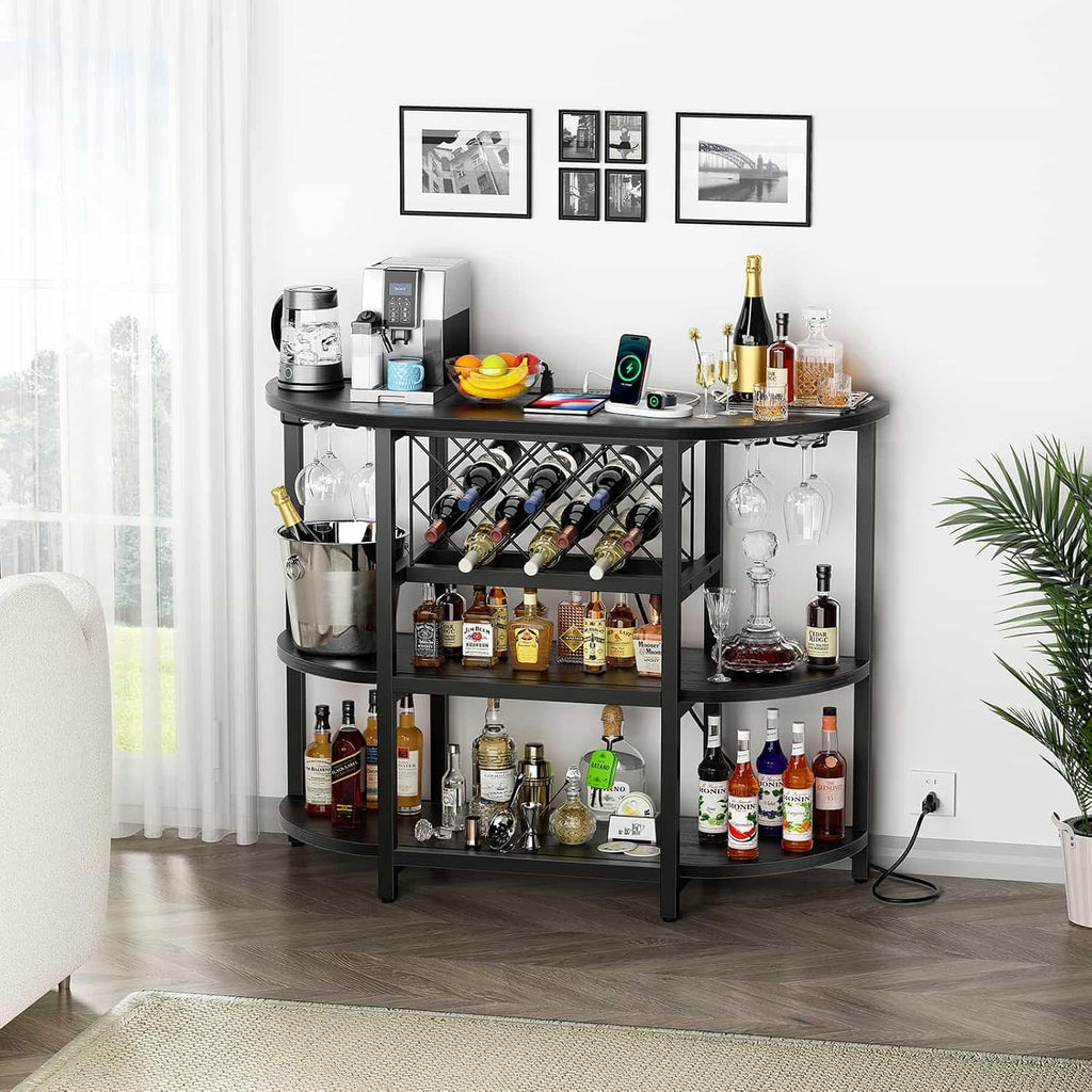 Zarler Bar Cart with Power Outlet Easy to Assemble, LED Home Bar Cabinet for Liquor, 47.3" L x 15.8" D x 36" H Metal Mini Bar Table with 4-Tier Storage, Black