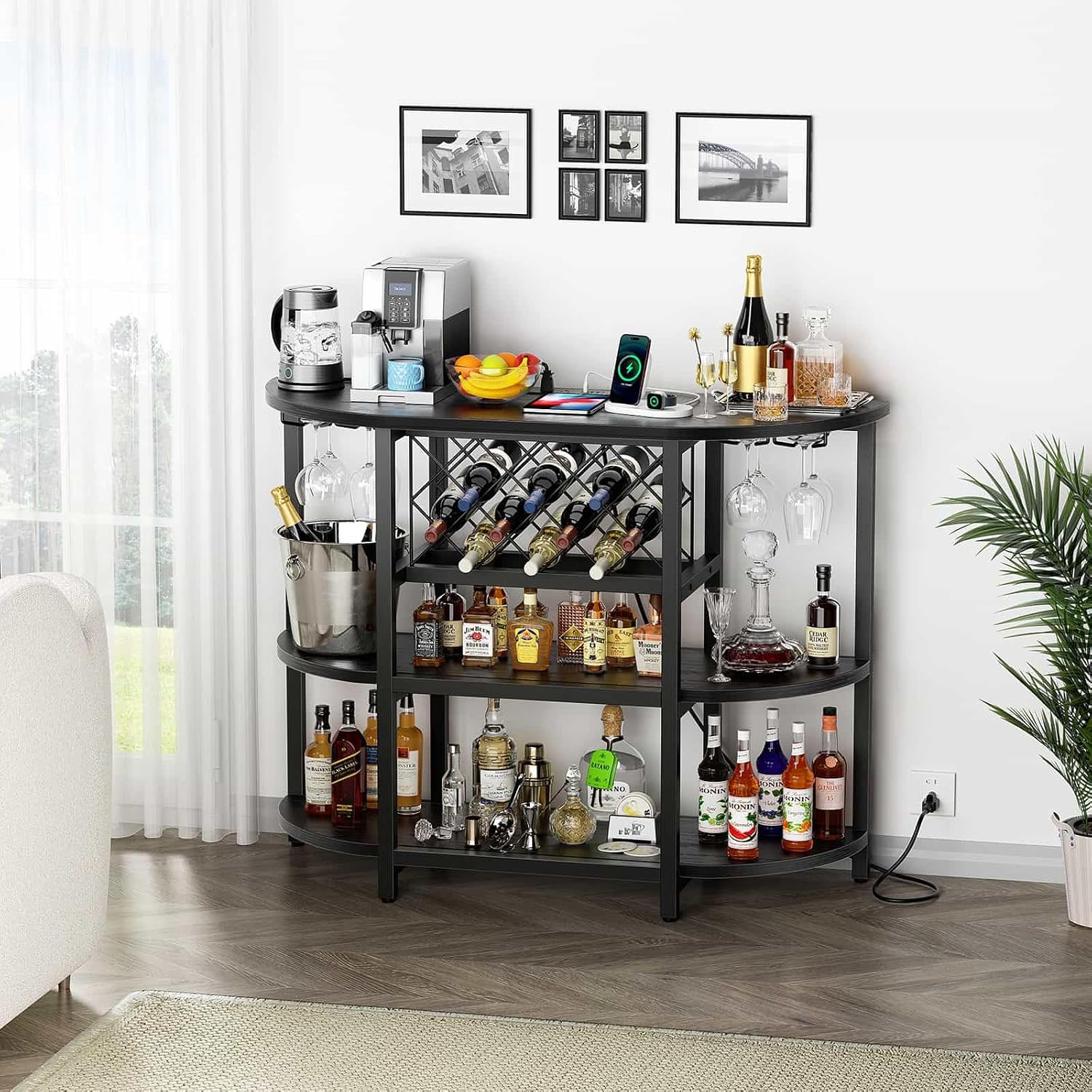 Zarler Bar Cart with Power Outlet Easy to Assemble, LED Home Bar Cabinet for Liquor, 47.3" L x 15.8" D x 36" H Metal Mini Bar Table with 4-Tier Storage, Black