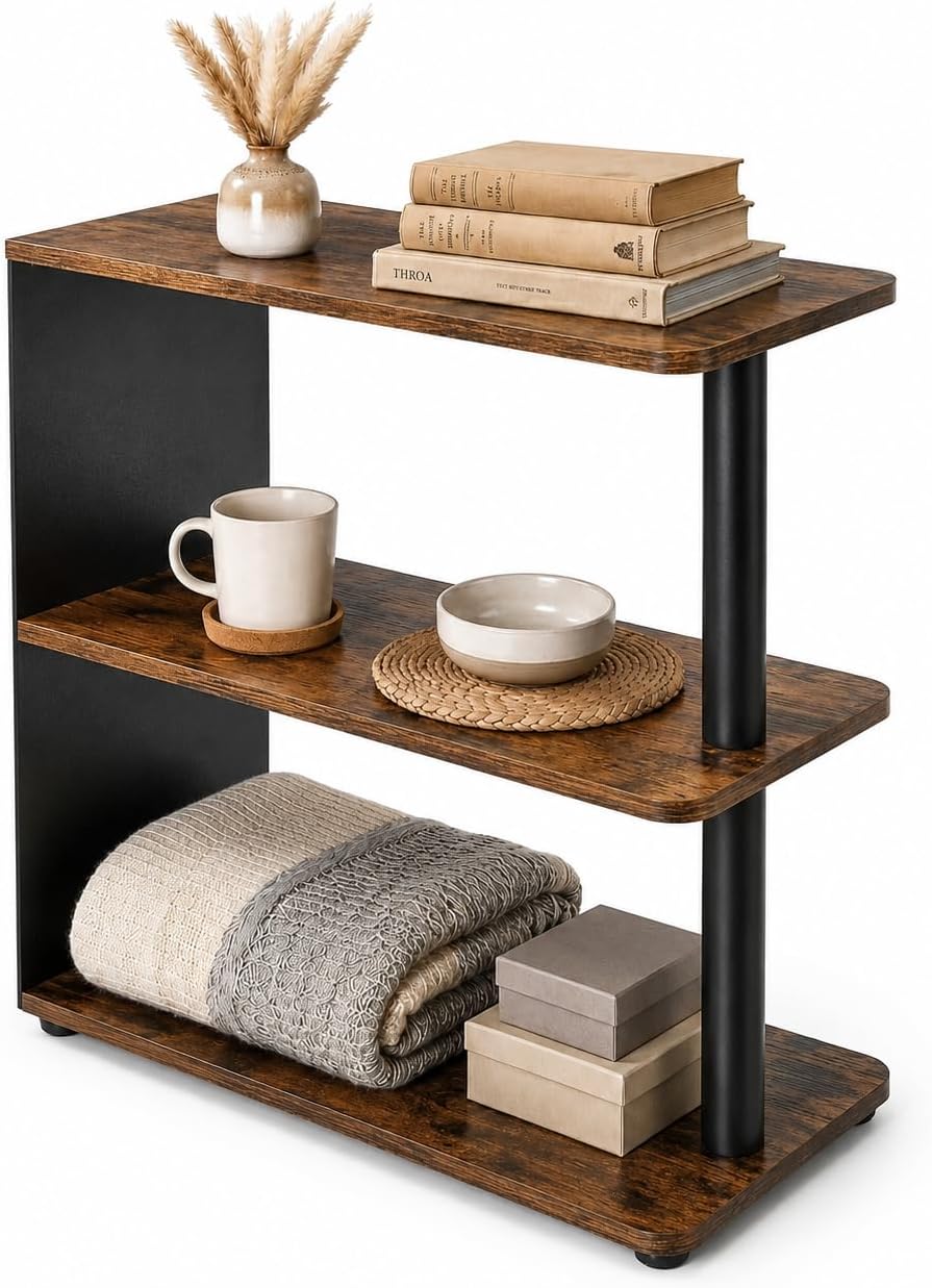 3-Tier Narrow End Table, Industrial Slim Side Table for Small Spaces, Sofa Couch Table Accent Nightstand with Storage Shelves for Living Room, Bedroom, Rustic Brown