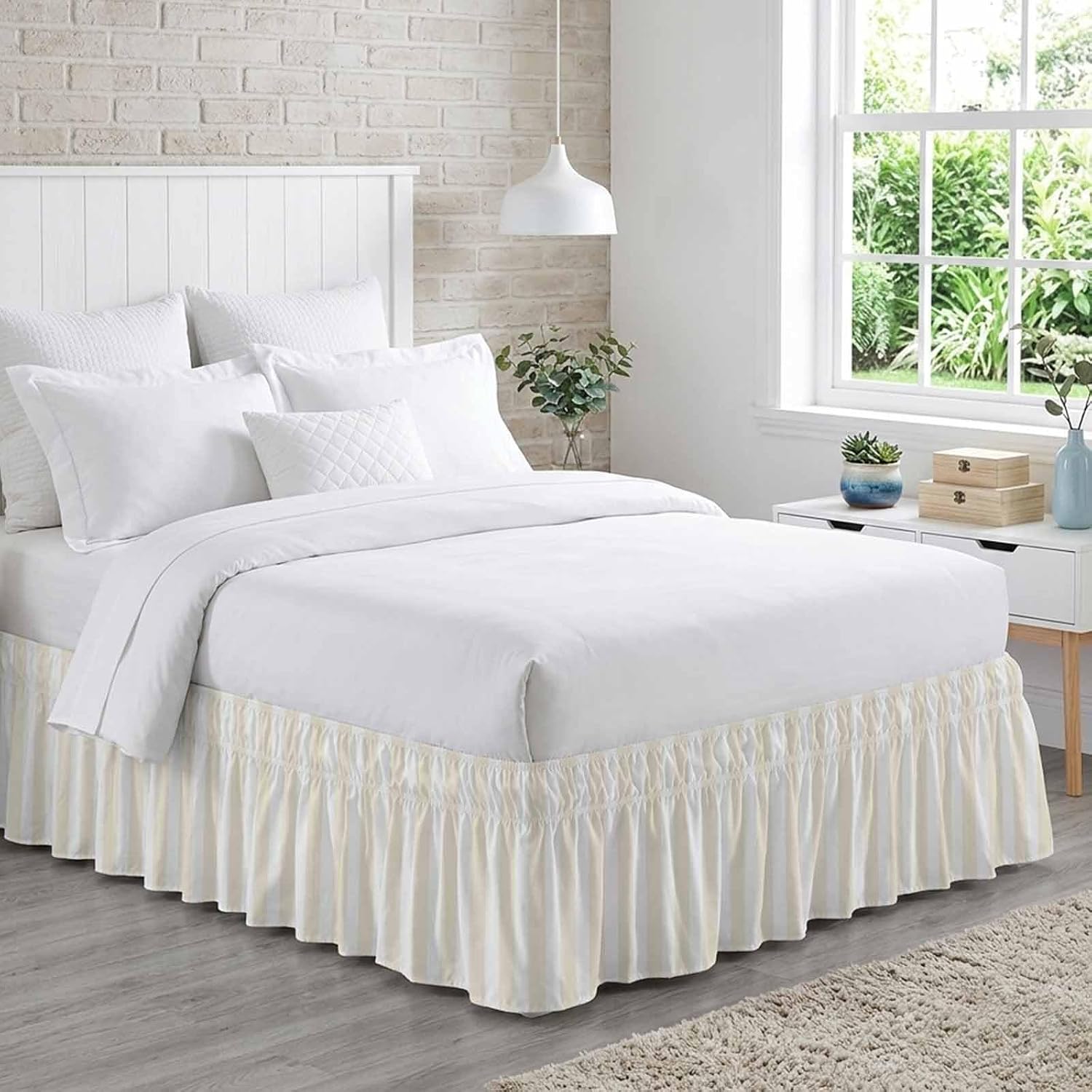 Cream Striped Bed Skirt King Size Bed Skirting 16 Inch Drop Adjustable Elastic Dust Ruffles Wrap Around Bedskirt Pleated Modern Farmhouse Cream White Stripes Bedding Frame Cover for King Size Dorm