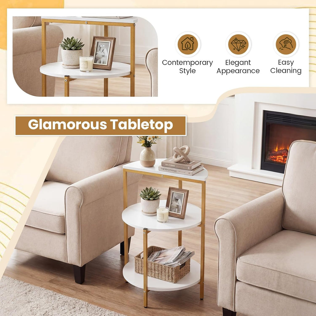 Giantex 3-Tier Round Side Table Set of 2, Wood Bedside Sofa End Table with Storage Shelves & Metal Frame, Modern Slim Night Stand for Bedroom Living Room Entryway Small Spaces, White & Gold
