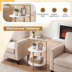 Giantex 3-Tier Round Side Table Set of 2, Wood Bedside Sofa End Table with Storage Shelves & Metal Frame, Modern Slim Night Stand for Bedroom Living Room Entryway Small Spaces, White & Gold