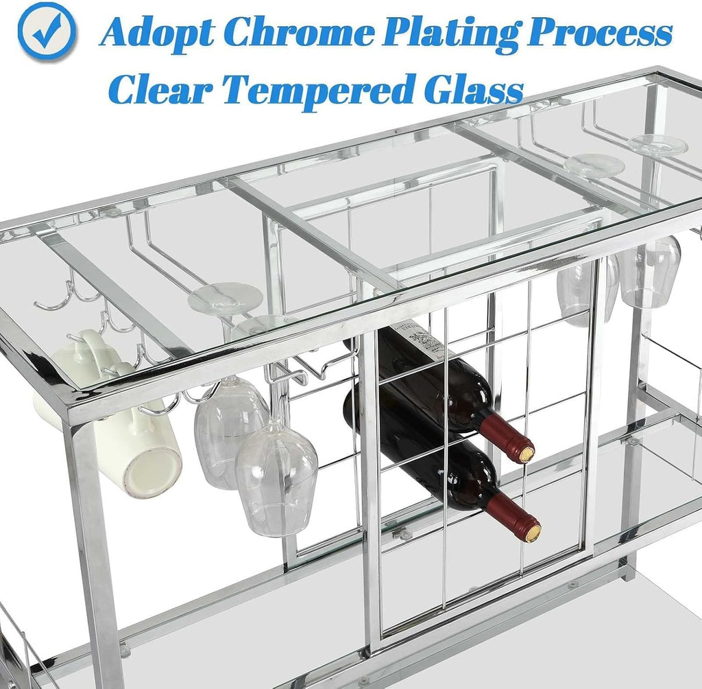 ASYA Wine Rack Table with Glass Holder, 3-Tier with Temered Glass Shelves, Modern Liquor Cabinet with Storage for Wine Bar, Living Room, Kitchen and Dining Room (Silver Finish)