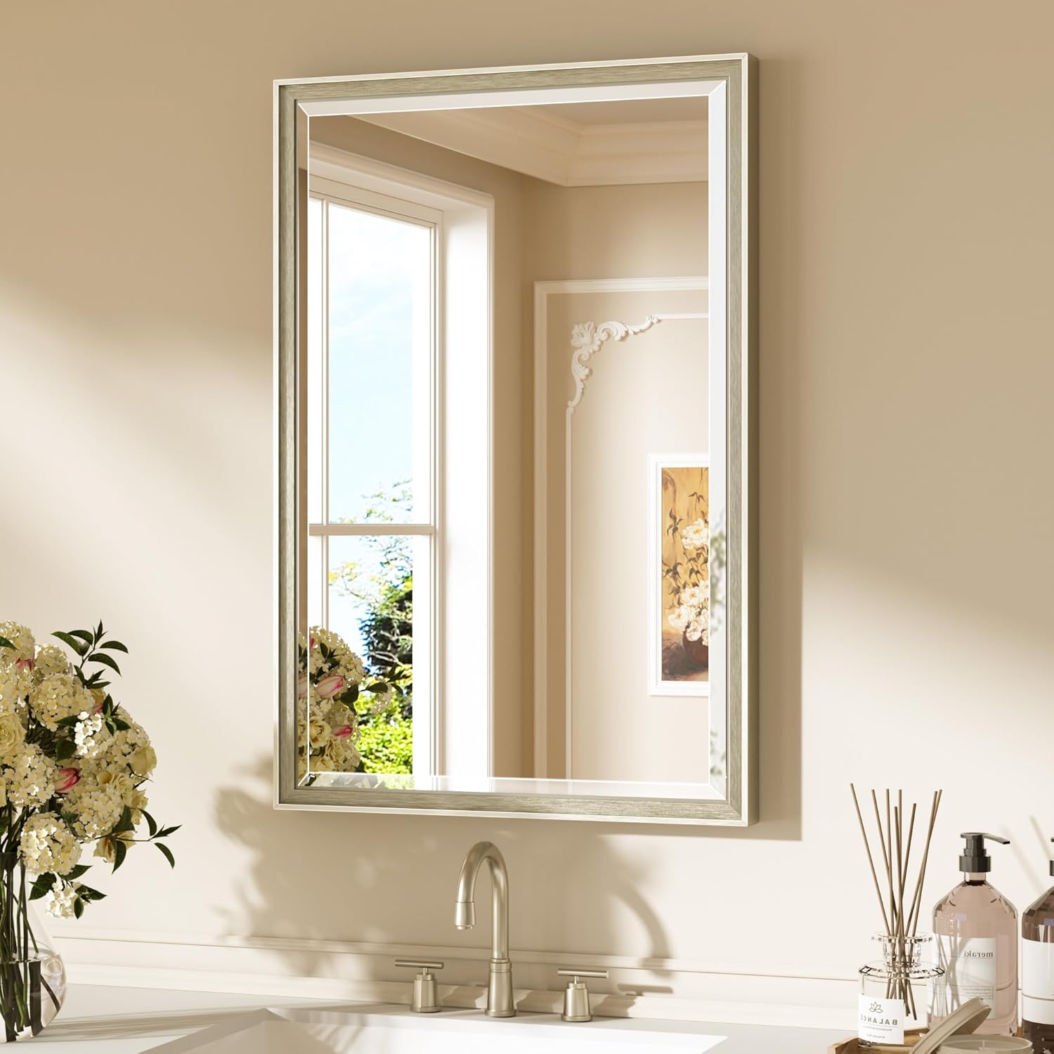 Keonjinn 20" x 30" Brushed Nickel Bathroom Mirrors for Over Sink, Silver Vanity Mirror for Wall, Thick Metal Framed, Beveled Edge Tempered Glass, Modern Farmhouse Rectangle Mirror for Bathroom Decor