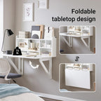 SoBuy Wall Mounted Folding Table | Floating Desk for Small Spaces, Fold Down Workstation Table with Adjustable Shelf for Home, Office, Bedroom, White