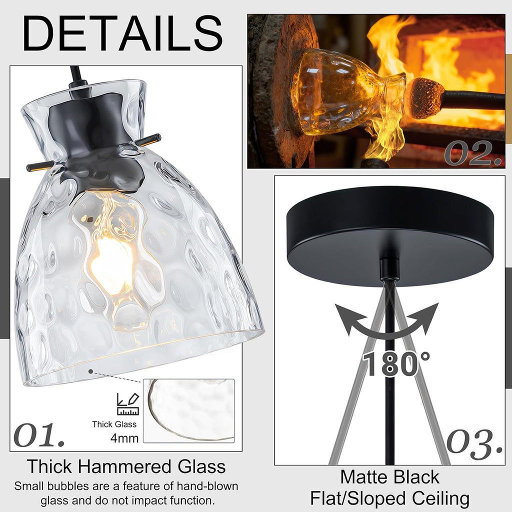 5.9” Mini Hammered Glass Black Pendant Lights Kitchen Island 2 Pack, Small Farmhouse Pendant Light Fixtures, Adjustable Modern Hanging Lighting Kitchen Pendant Lights over Island Sink Dining Room