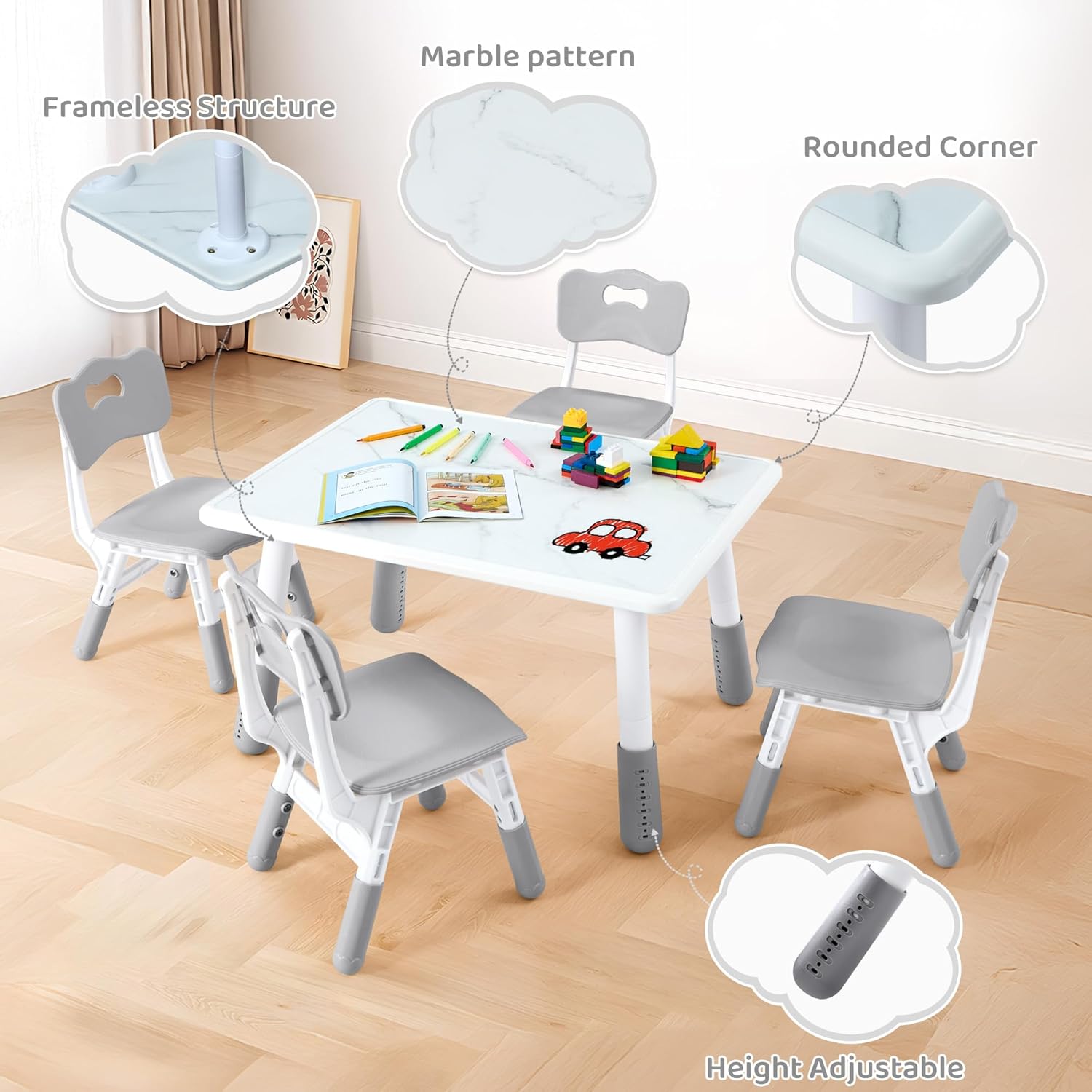 DOREROOM Toddler Table and 4 Chairs Set, Height Adjustable Kids Table and Chair Set, 31.5''L x 23.6''W, Marble Pattern & Graffiti Desktop, Children Multi-Activity Table for Home/Daycare/Classroom