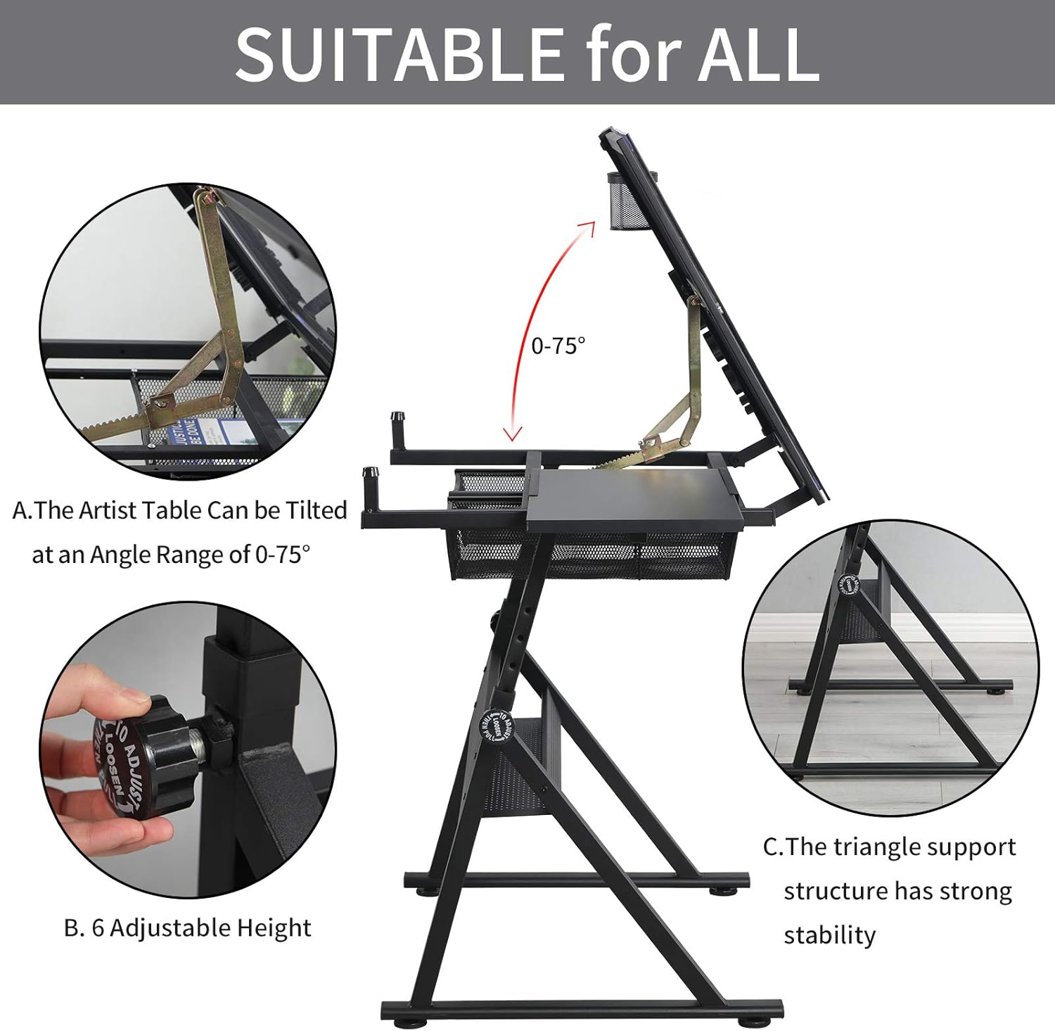 Glass Drafting Table and Stool Sets, Adjustable Height Drawing Table Art Craft Artist Desk Tilting Glass Tabletop with 2 Storage Drawers for Home Office (Black)