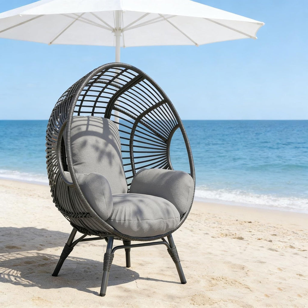 Egg Chair Outdoor Indoor Wicker, 400lbs Capacity, 8-Inch Cushion, Removable Washable Cover Balcony Chairs(Black+Gray)