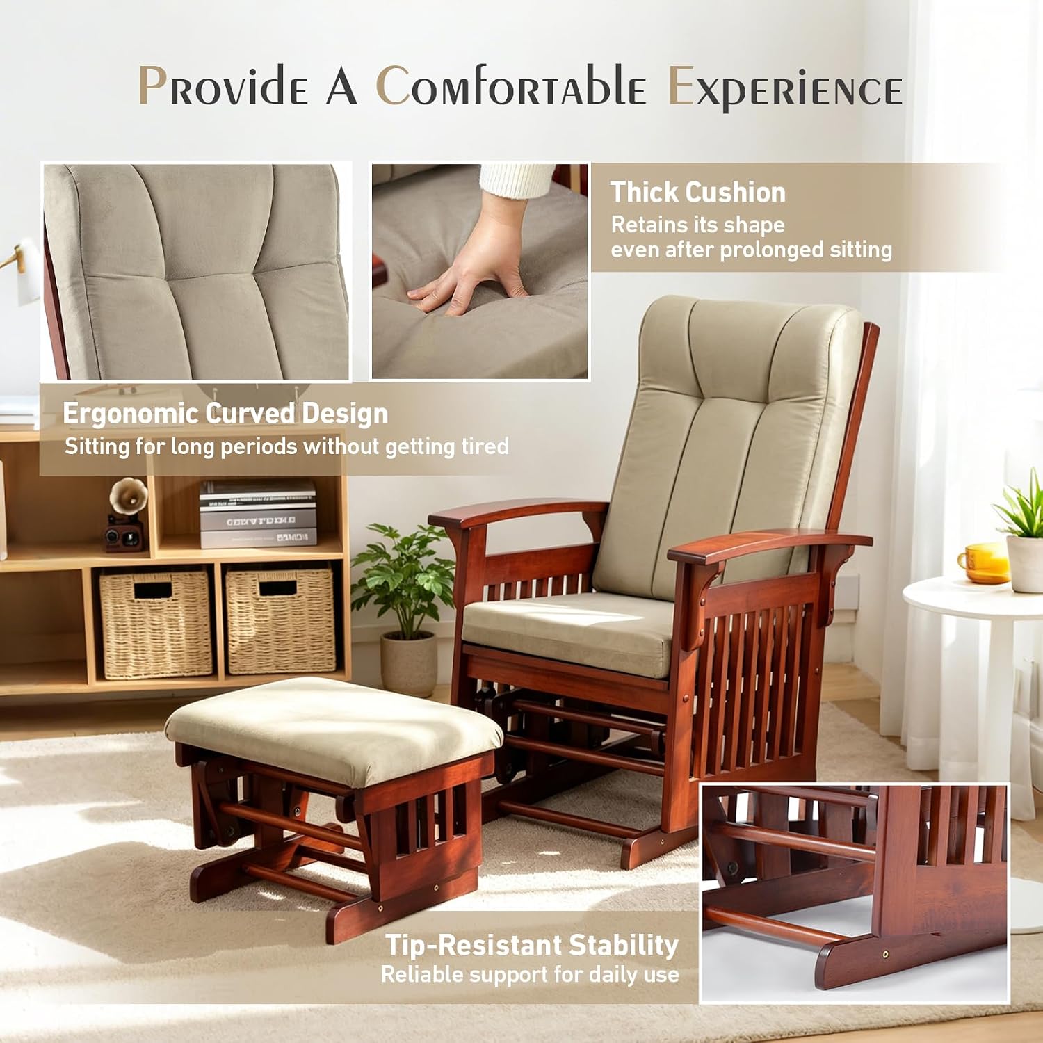 Glider Rocking Chair for the Nursery with Ottoman, 3A Solid Rubberwood Frame, Smooth-Gliding Rocking Chair,Easy to Assemble, for Nursery, Living Room, Bedroom, Classroom (Brown)